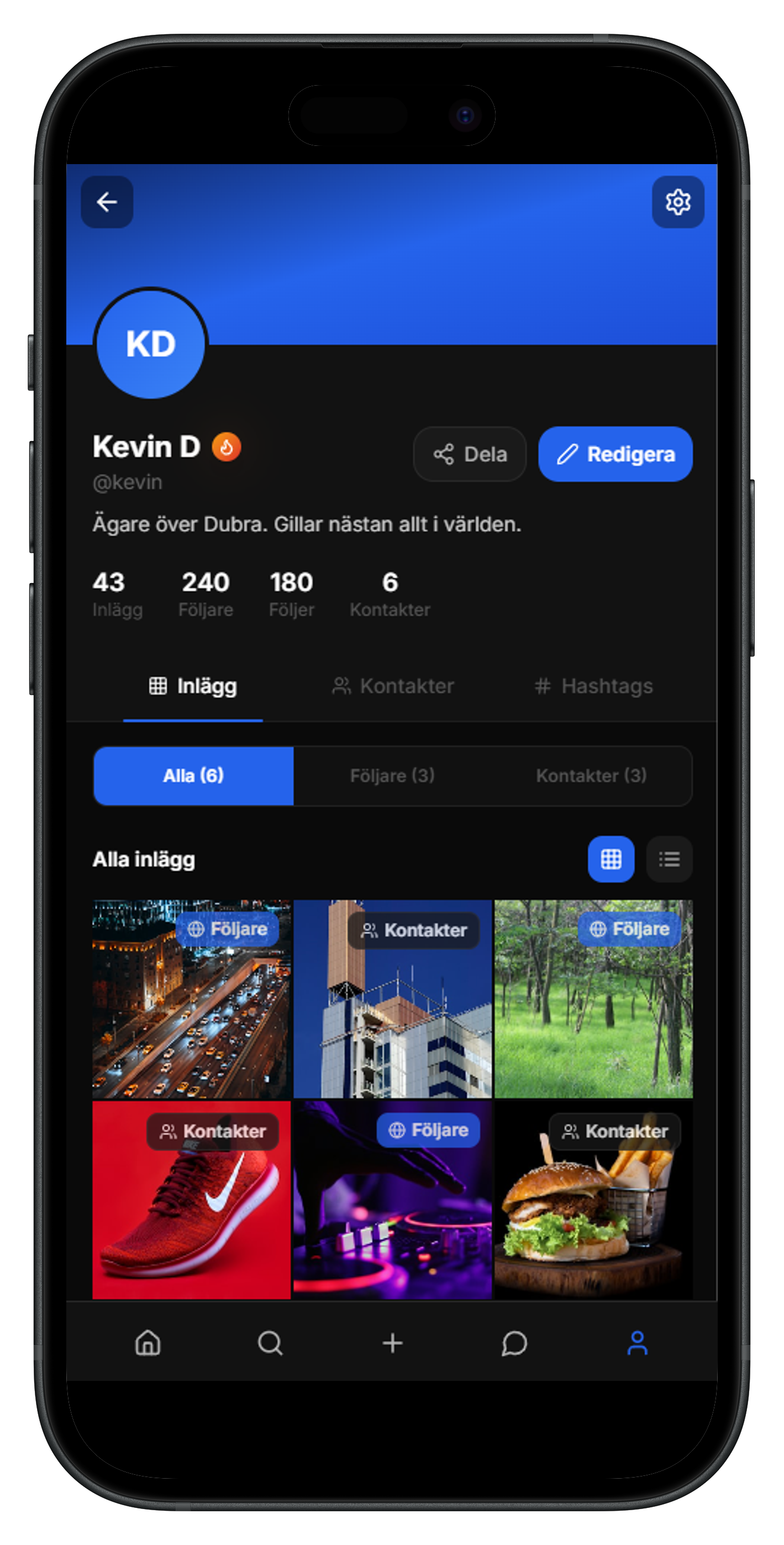 Profilsida med hashtags